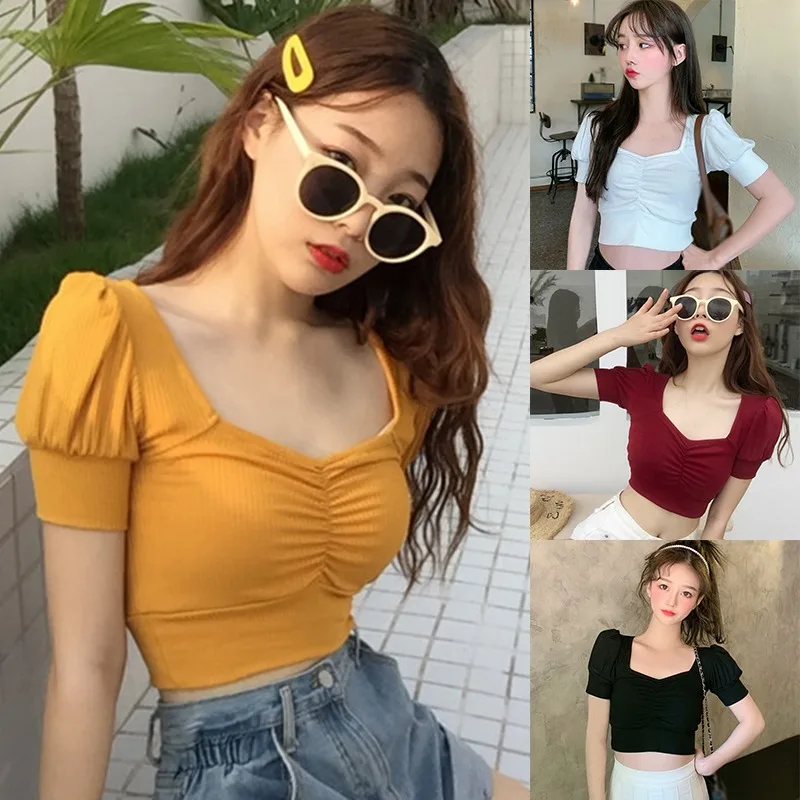 Women Square Neck Slim Fit Top Summer Navel Exposed Short Sleeve Crop Top Female Solid Low Neck Sexy Skinny T-Shirt