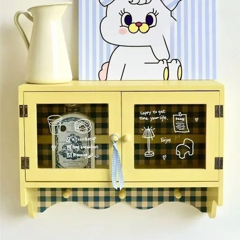 Wooden Wall Storage Box Korean Large Wall Cabinet Make Up Organizer Sundries Shelf Hooks Home Kitchen Decoration Strage