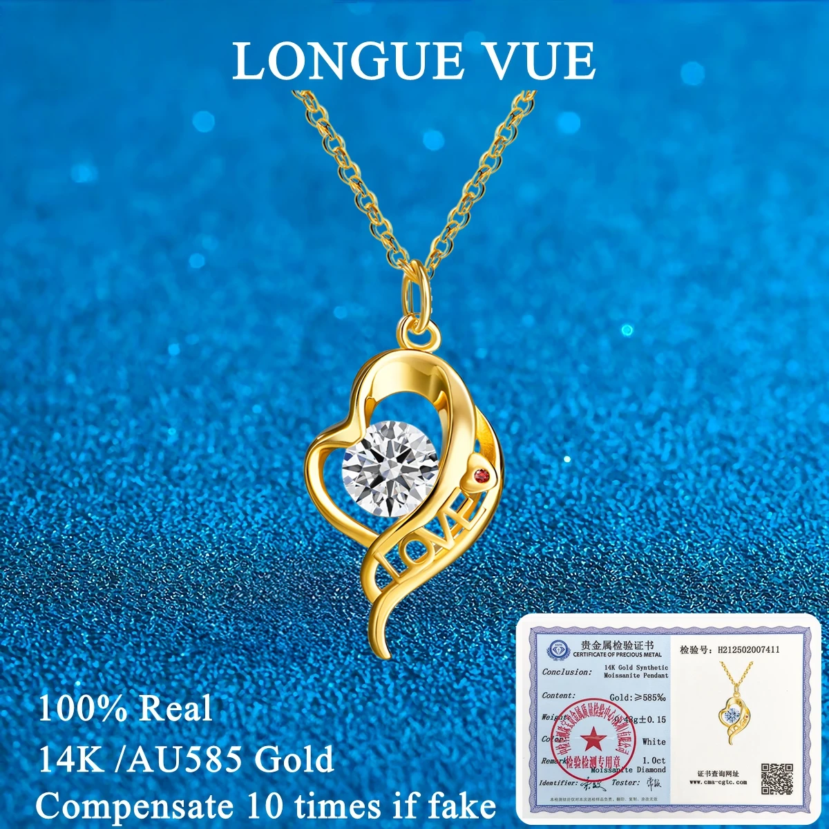 

100% Real 14K Gold GRA Certified 1 Carat Moissanite Heart Love Pendant Necklace for Women Valentine's Day Gift Clavicle Chain