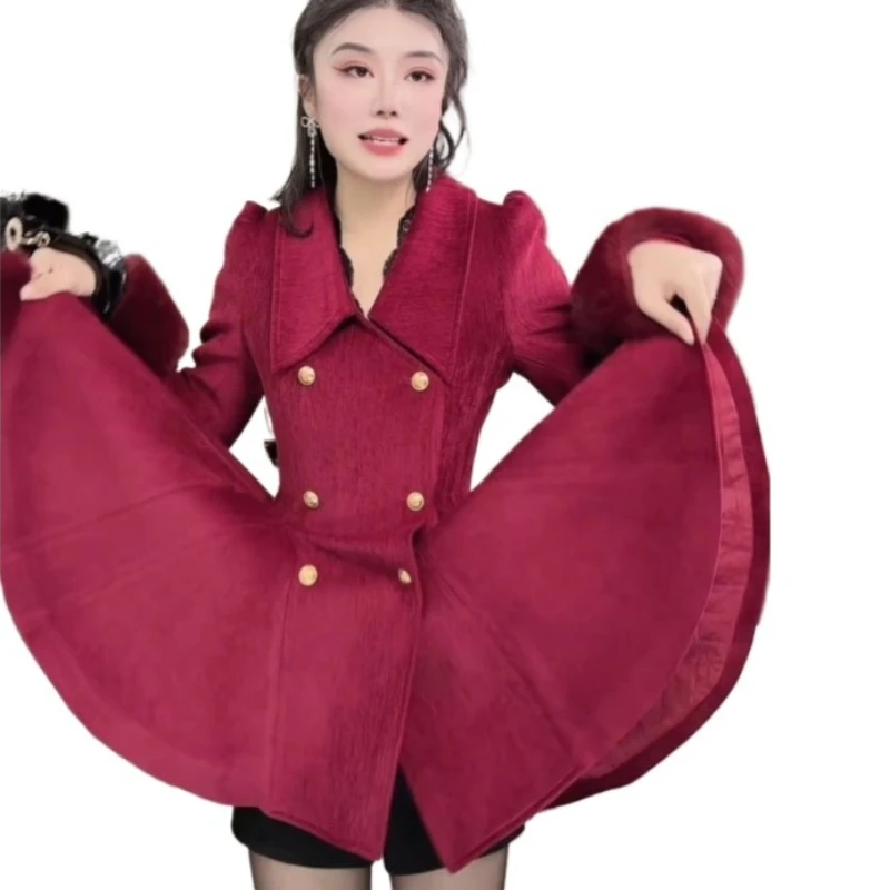 2026 French Gold Coat Medium and Long Coats Tide Light Luxury Internet Celebrity Popular Woolen Jacket Velvet Woolen Suit Skirt