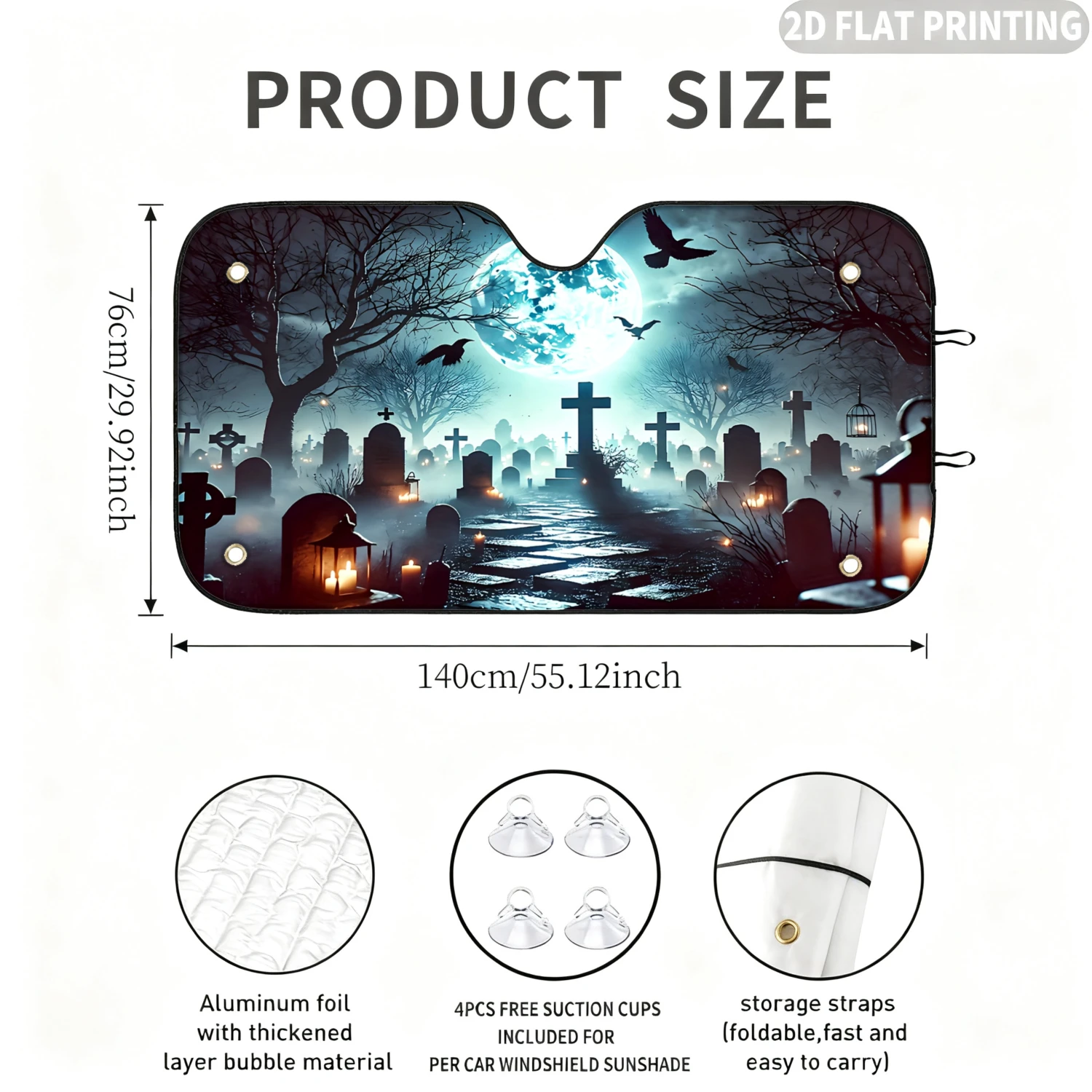 1pc Universal Car Windshield Sunshade, with Spooky Graveyard Scene At Night Printing, with 4 Suction Cups, Protect Your Privacy