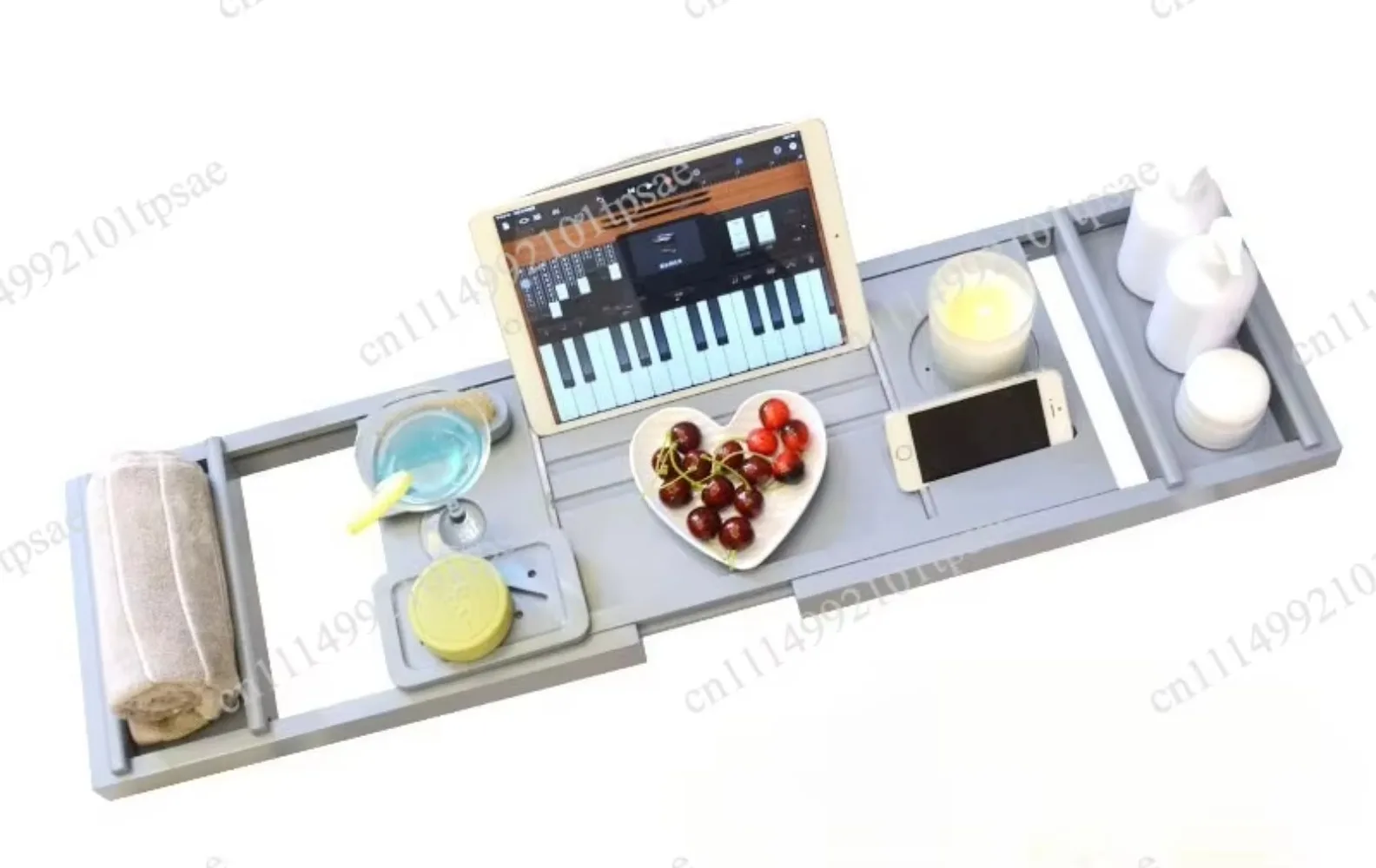 Wooden bathtub tray with extended side, bathtub rack with flat bracket, luxury bathtub organizer