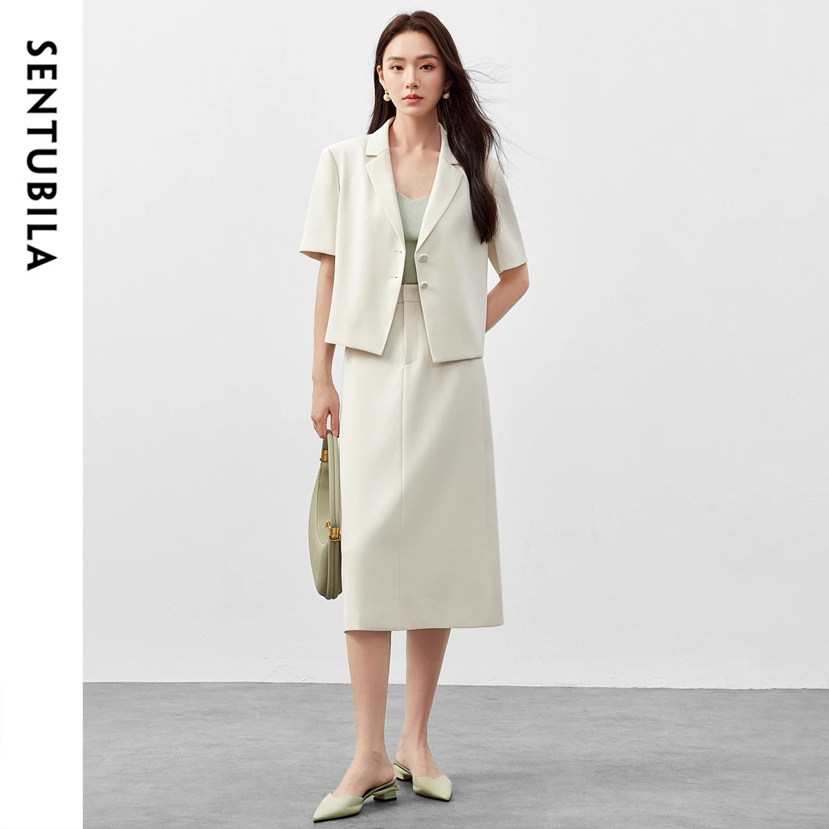 

SENTUBILA Women's Skirt Suits 2025 Spring Summer Crop Notched Pearl Button Blazers Straight Chiffon Workwear Skirts 151Z58247