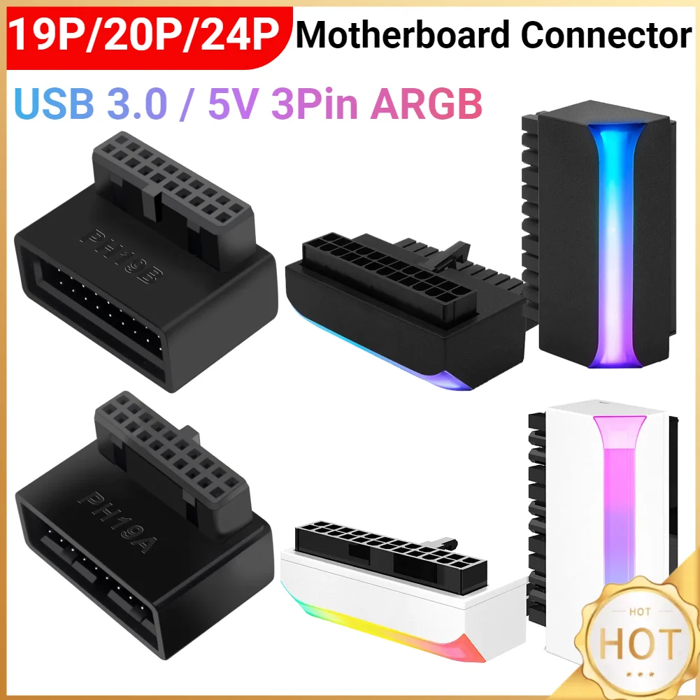 5V 3-pin ARGB ATX 24 Pin to 90 Degree Power Plug Adapter USB 3.0 19P/20P 90 Degree Computer Motherboard Header Adapter Modular