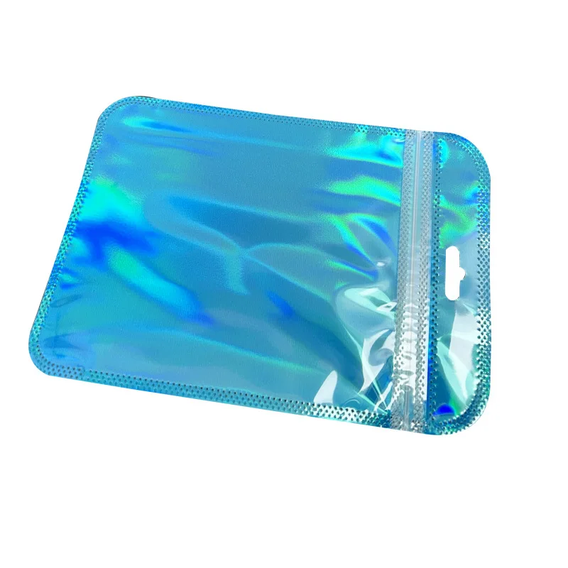 50pcs Blue Holographic Bags Smell Proof Zipper Jewelry Foil Pouch For Small Businesses Products Packaging Food Candy Storage