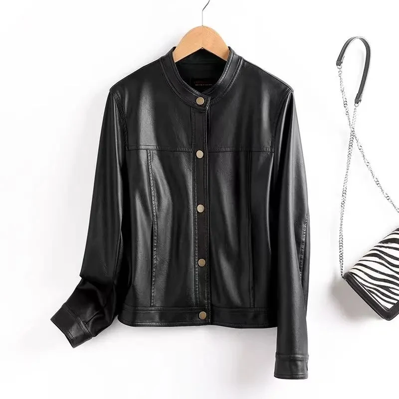 高品質レザージャケット レディース ショート丈 春秋 2025 新作 レザーコート ママファッション アウター ラウンドネック レディース オーバーウェア トップス