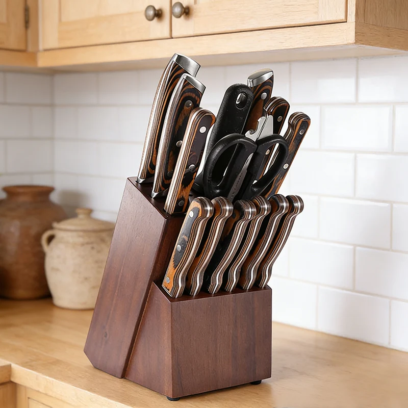 Rubber Wood 14 Slot Knife Holder Chef Kitchen Scissors Slicing Cleaver Knife Stand Durable Professional Restaurant Knife Rack
