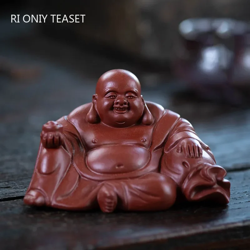 Chinese Yixing Purple Clay Tea Pet Lucky Maitreya Buddha Statue Ornaments Handmade Tea Figurine Decoration Teaware Decors