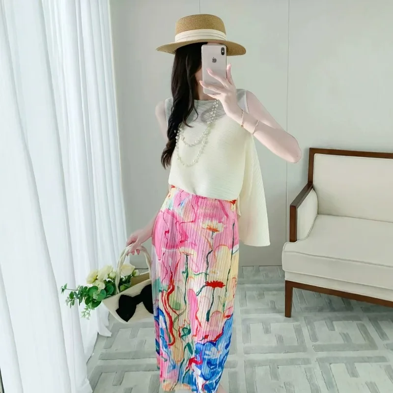 Miyake Pleated Skirt Plisse Women 2026 Summer High Waist Slim Elastic Waist Printed Slit Mid-Length Design Loose Straight Skirt