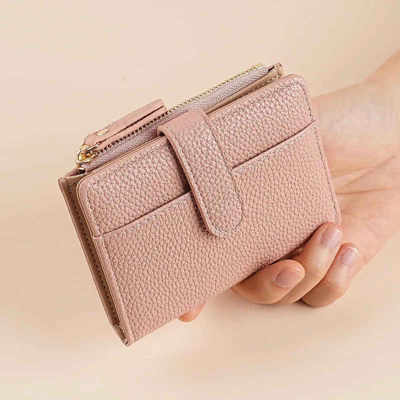 Women PU Leather Short Wallet Ladies Small Card Holder with Snap Button Zipper Coin Purse ID Window Multi Slot Money Bag