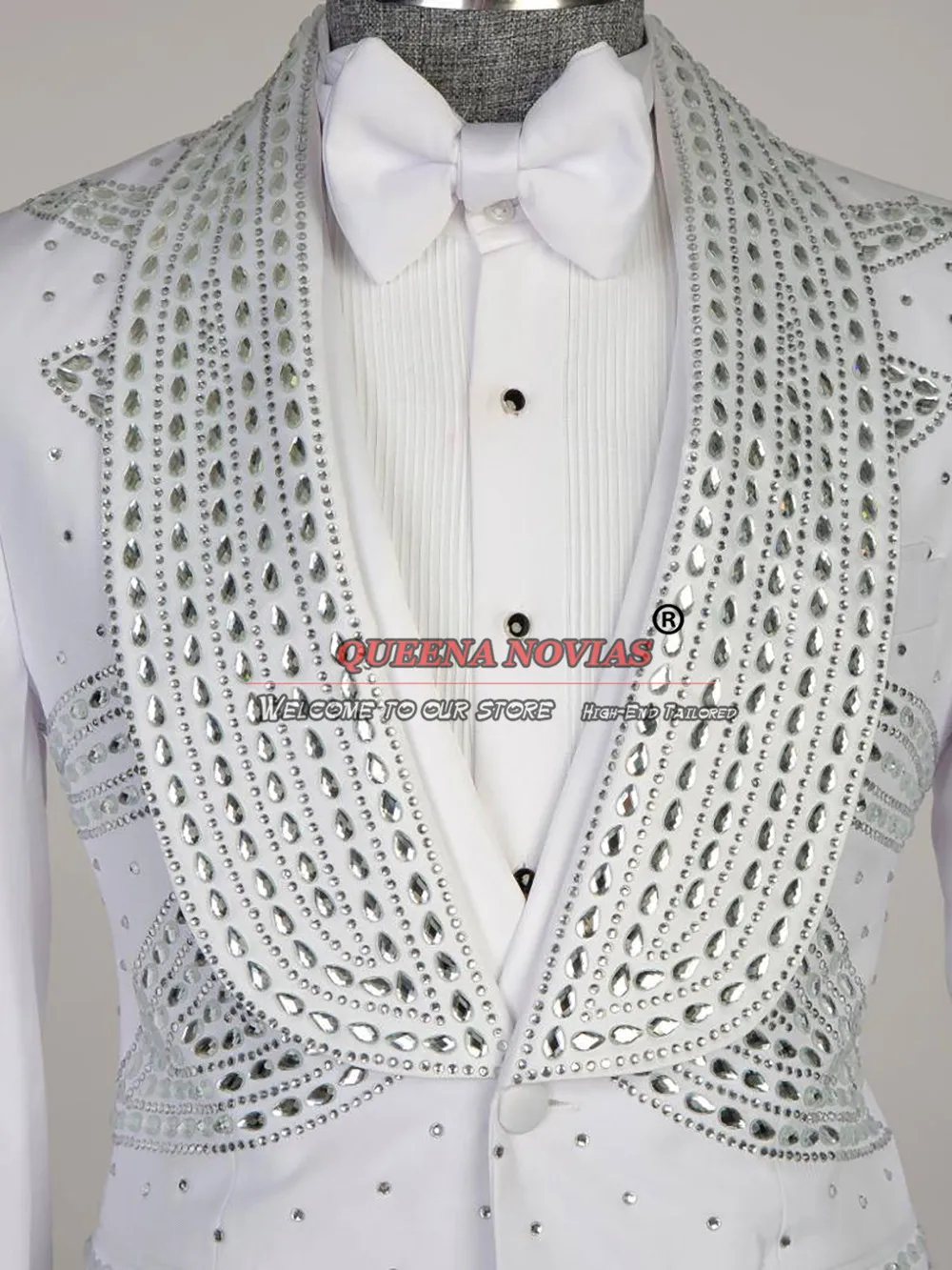 Traje blanco para hombre, conjunto de Blazer con cuentas de lujo, ropa de novio de talla grande, esmoquin masculino, vestido de fiesta de banquete de moda elegante