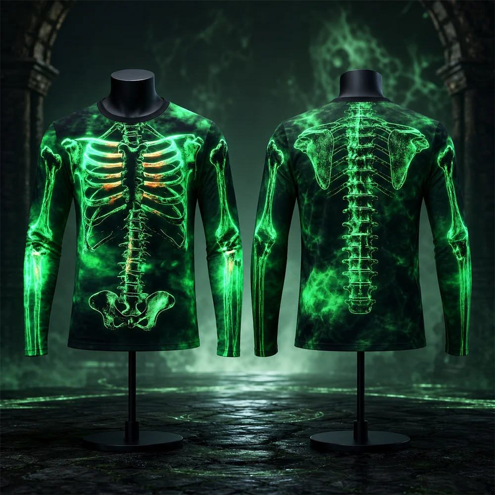 Men's Halloween Skeleton Print Long Sleeve T-Shirt Gothic Trendy Streetwear Casual Breathable Top for Fall Winter Collection