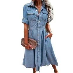 Vintage Lapel Single-breasted Denim Dresses Women Autumn Winter Long Sleeve Pocket Dress New Elegant Female Commuter Casual Gown