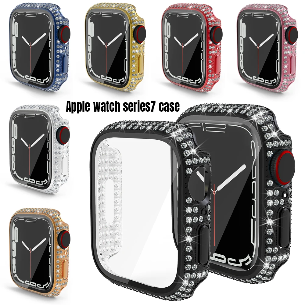 Full Diamond Watch Cover Built-in for Apple Case iWatch Series 7 Tempered Glass Woman Jewelry Bling Protective Bumper 41mm 45mm