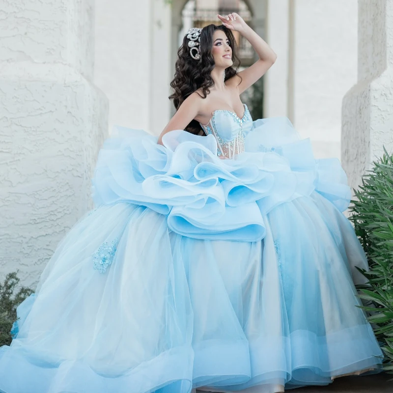 

Sky Blue Shiny Princess Sweet 16 Quinceanera Dresses Off The Shoulder Applique Beading Crystal Tull Tiered Corset Party Birthday