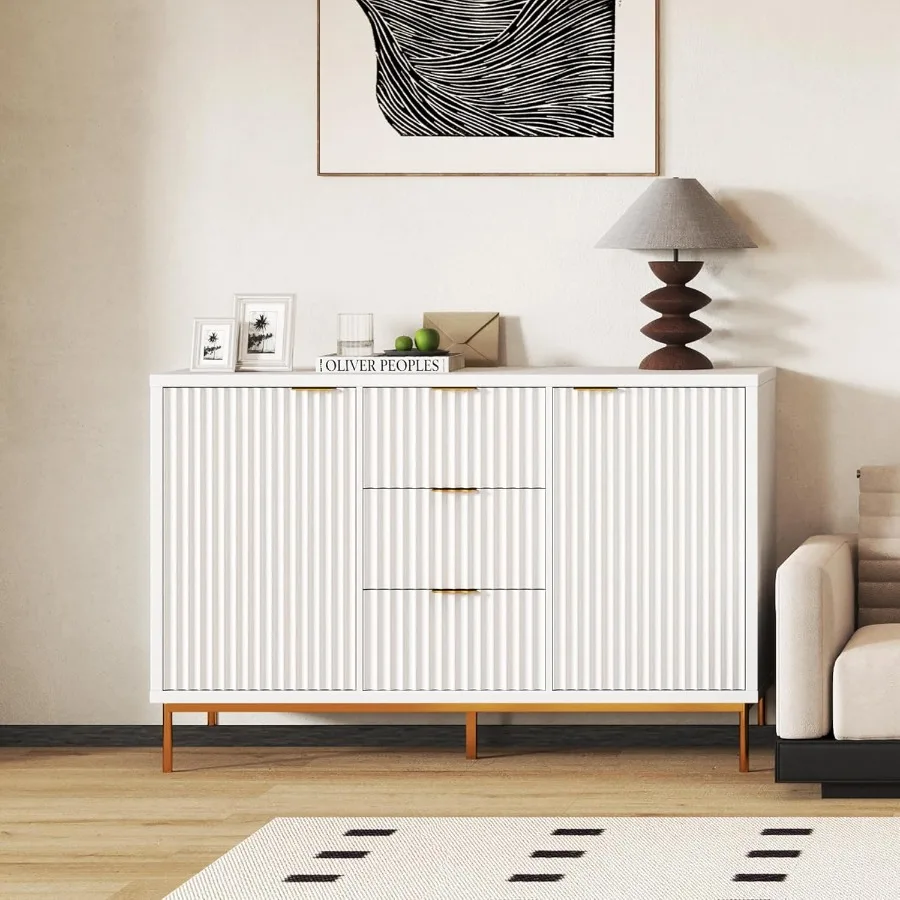 خزانة بوفيه جانبية مخددة حديثة 47 طاولة بوفيه مع مساحة تخزين مع بابين و3 أدراج ورف قابل للتعديل لبار القهوة كابي #1