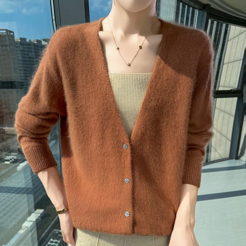 Women's V-Neck 100% Pure Mink Cashmere Cardigan Autumn New Solid Color Large size Coat Casual Loose Knitwear High Quality Shirt view 4