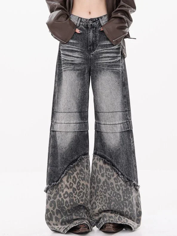

Women Vintage Leopard Print Y2K Baggy Jeans High Waist 2000s Casual Wide Leg Denim Pants High Street American Retro Trousers