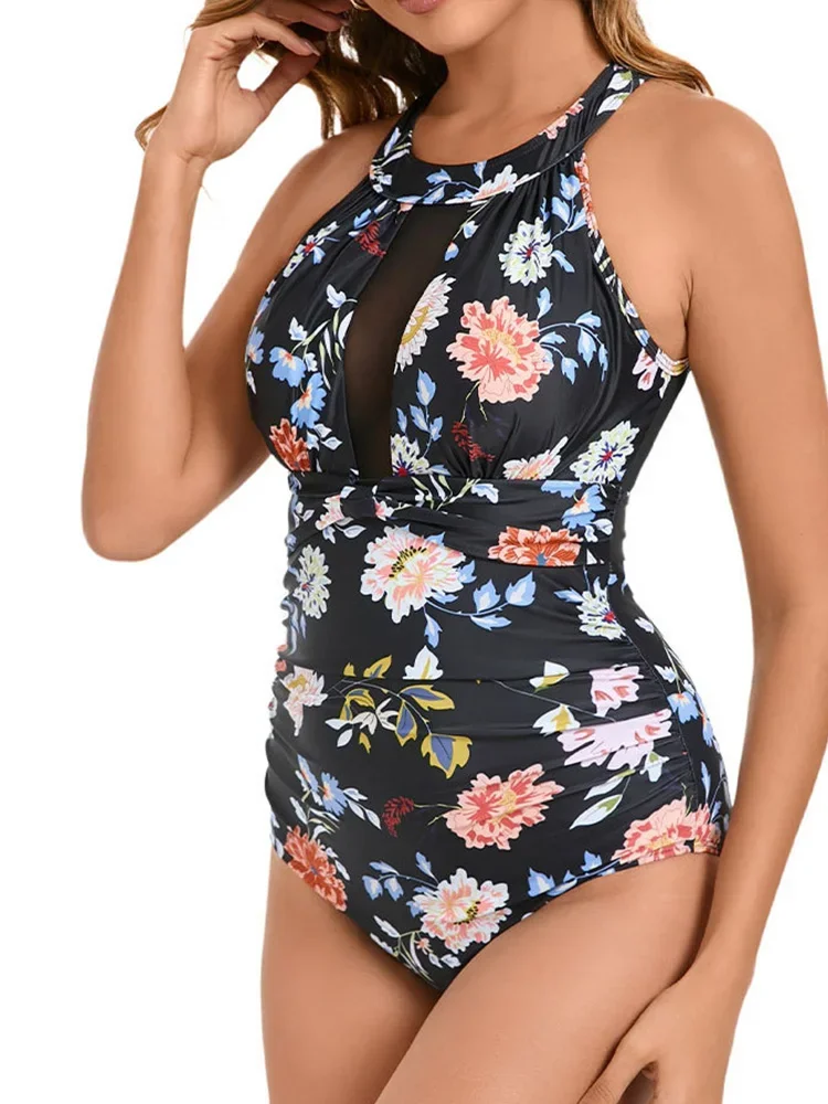 AOTVOTEE Sexy Print Mesh One Piece Bikini Women Swimsuit Backless Tight Beach Bikini 2025 New Summer Swimwear One Piece Swimsuit