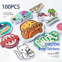 100 Uds pegatinas personalizadas PVC impermeable troquelado vinilo diseño de logotipo marca portátil lindo pegatina personalizada película brillante para negocios