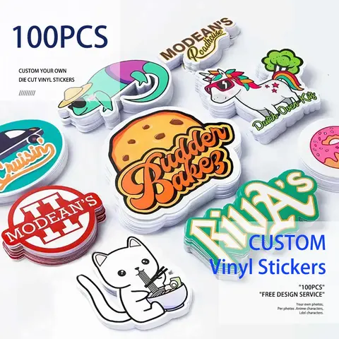 100pcs Custom Stickers PVC Waterproof Die Cut Vinyl Logo Design Brand Laptop Cute Personalized Sticker Glossy Film for Business