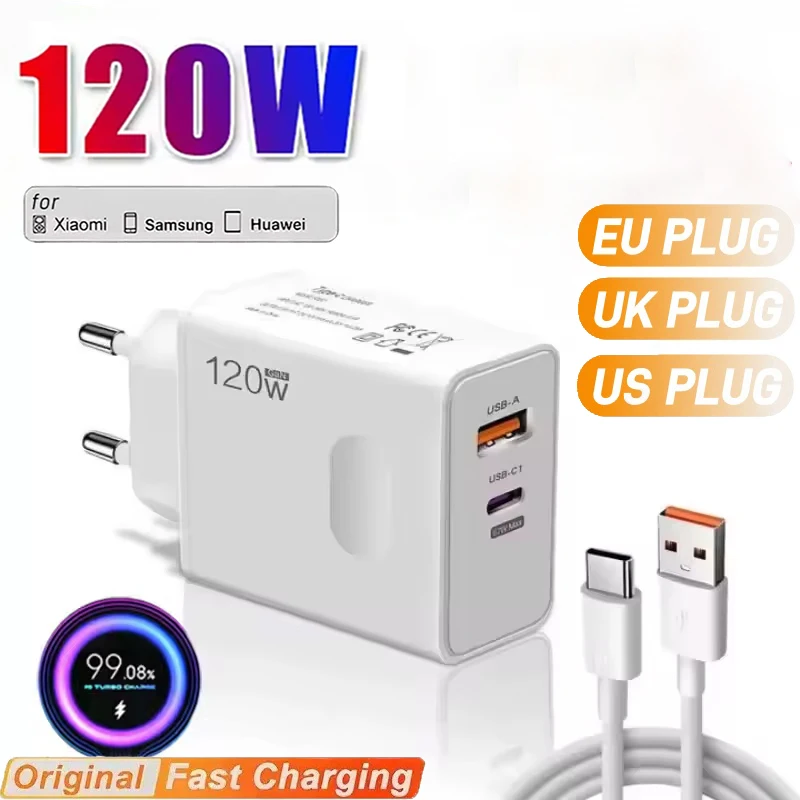 120W Super Fast Charger 6A Cable USB Type-C GaN USB Charger Quick Charge 5.0 Phone Charge Adapter EU/US/UK Android 2026