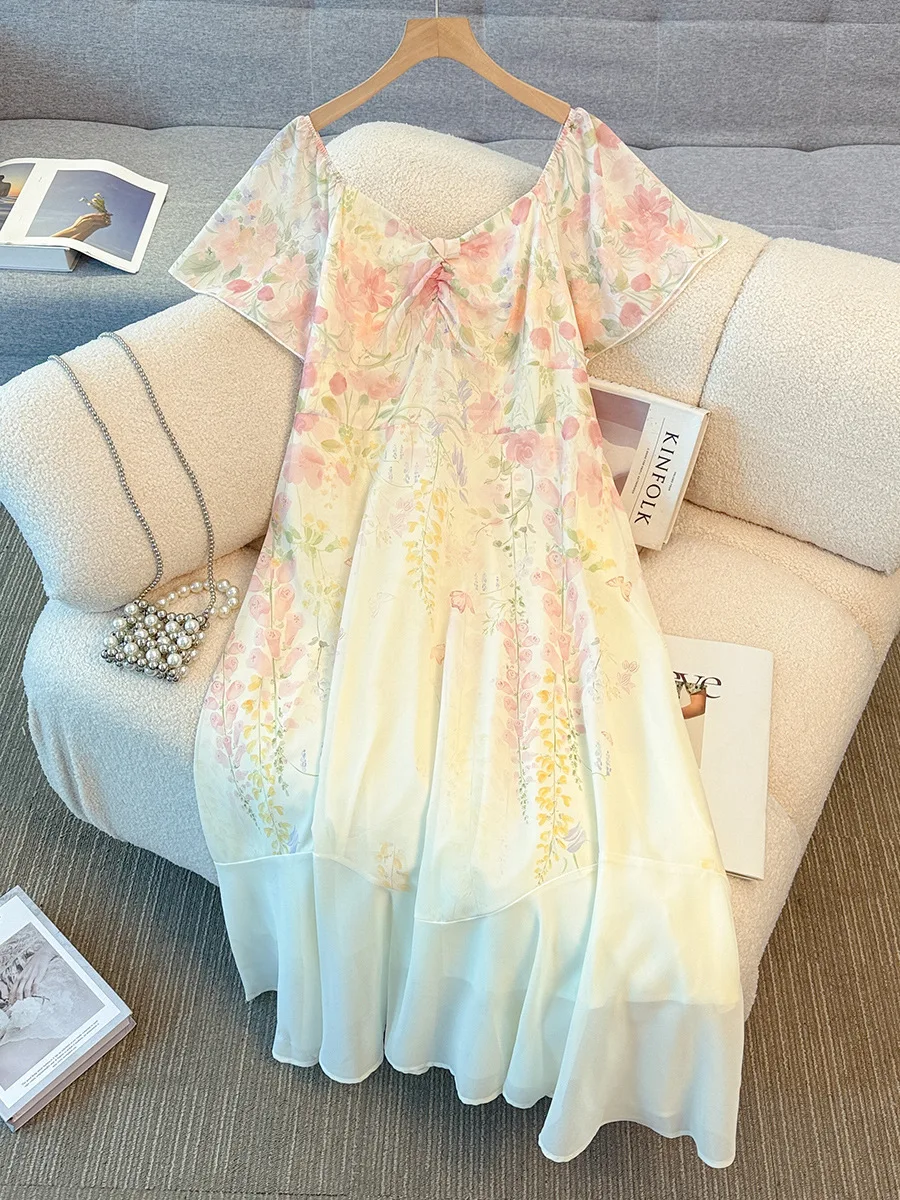 

Летнее женское платье больших размеров (до 150 кг) с цветочным принтом и градиентом, с коротким рукавом, обхват груди 132-160 см, размеры 5XL, 6XL, 7XL, 8XL, 9XL