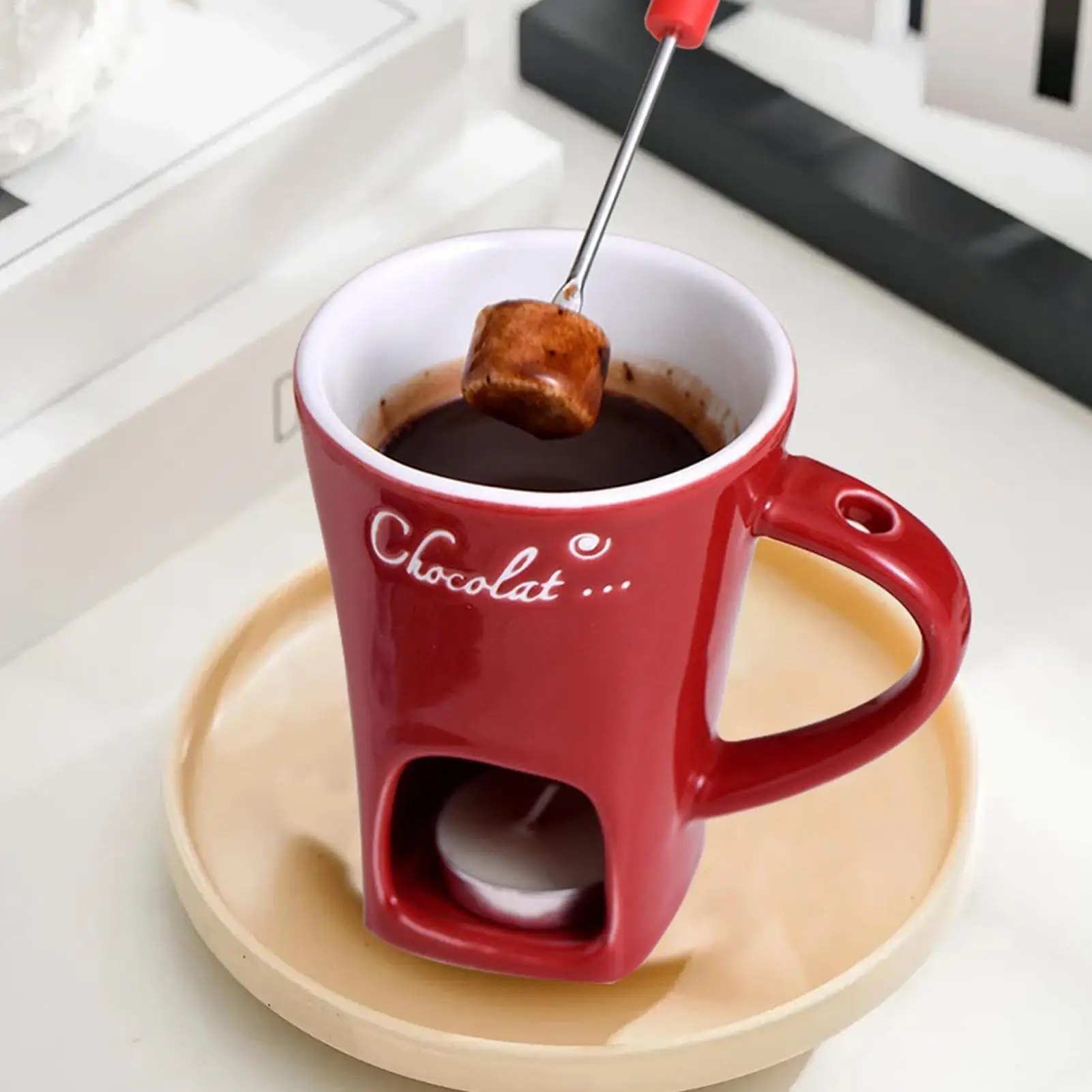 

Fondue Mug with Spoon Ceramic Mini Multifunction Melting Cup Cheese Butter Candy Warmer Mug for Fondue Desserts Butter Caramel