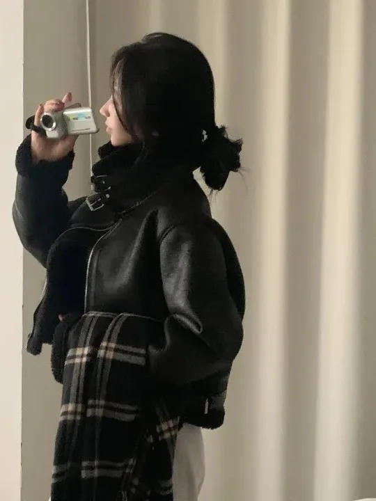 

Корейская замшевая мотоциклетная куртка в стиле ретро, женская свободная повседневная модная хлопковая верхняя одежда на весну, осень-зиму