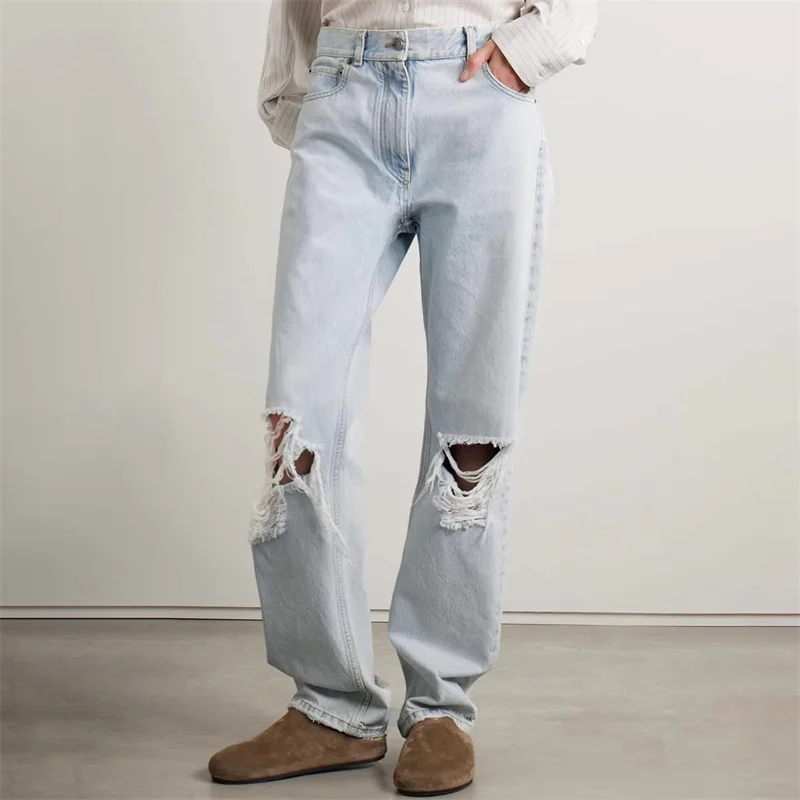 

Women's pants 2024 Summer New in Vintage Distressed Women's jeans Pure cotton denim high waisted straight leg pants y2k trousers