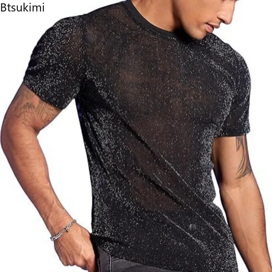 Men's Fashion Sequin See Through T-Shirts Summer Short Sleeve O-Neck Casual Tops Male Vintage Shinny Solid Color Slim T-shirt