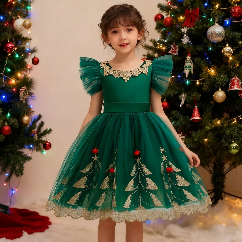 Girls Party Dresses Christmas Evening Dress Green Princess Dress Girl Xmas Costume Ball Gown Kids New Year Gifts Birthday Dress