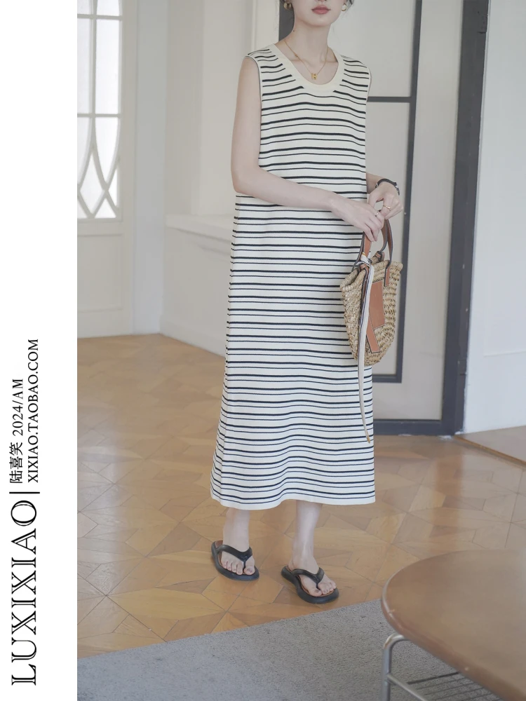 

LUXIXIAO Knitted Dr Korean Sle round Ne Svel Long Vest Skirt Women's Faion Commute Sle Split Design Summer D...