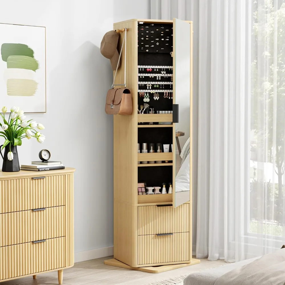 

360° Swivel Jewelry Cabinet, Jewelry Armoire with Full Length Mirror, Coat Rack and 4-Tier Shelf