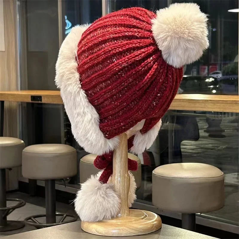 Fashion Wool Knitted Hairball Hat for Women Winter Cute Earflap Ski Cap Female Thicken Warm Hat Fluzzy Plush Pompom Russain Hat 5