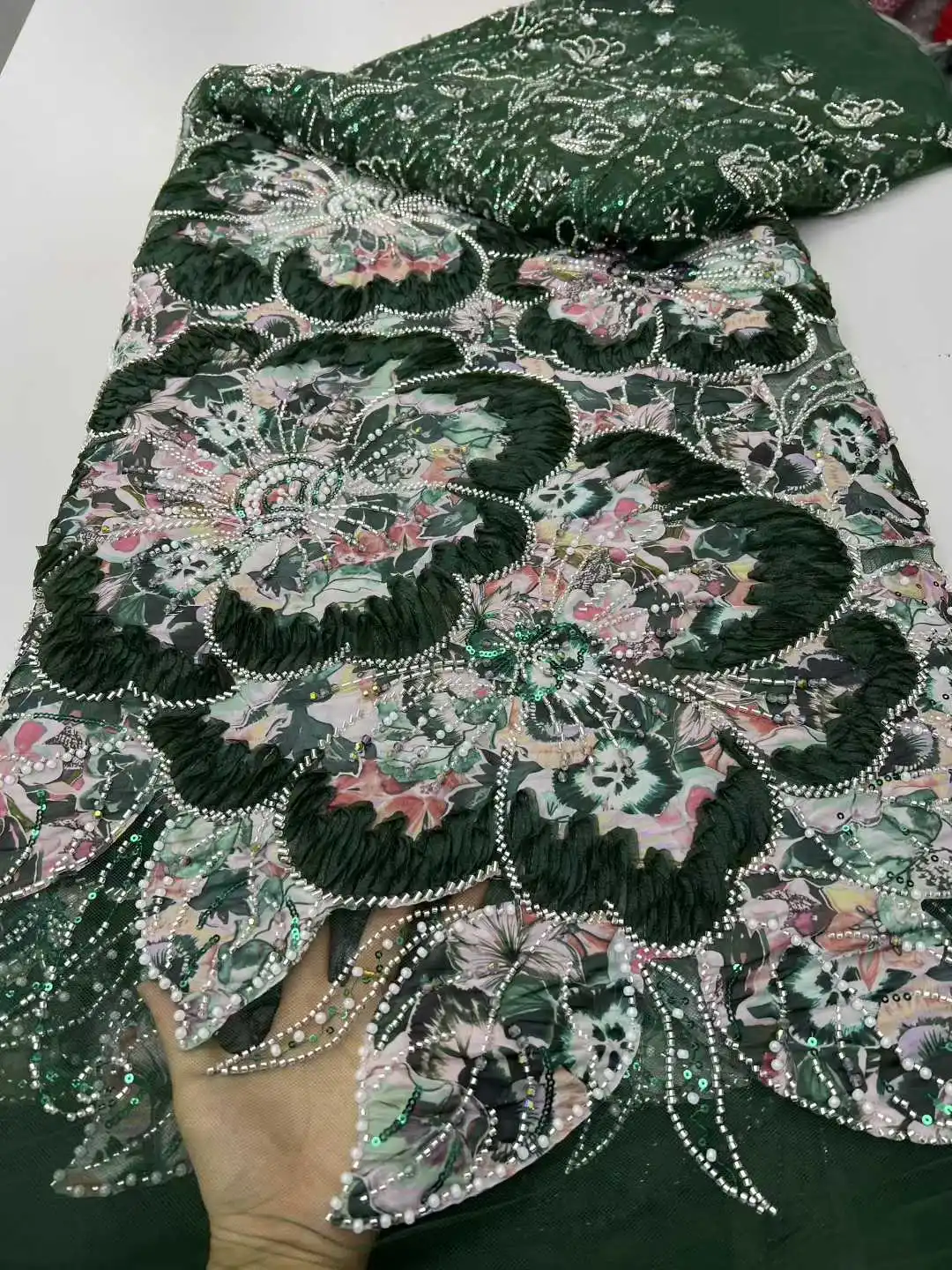 

2025 High-quality African Nigerian Elegant 3D Chiffon Embroidered Fabric French Tulle Lace Fabric With Sequins For Party Wedding