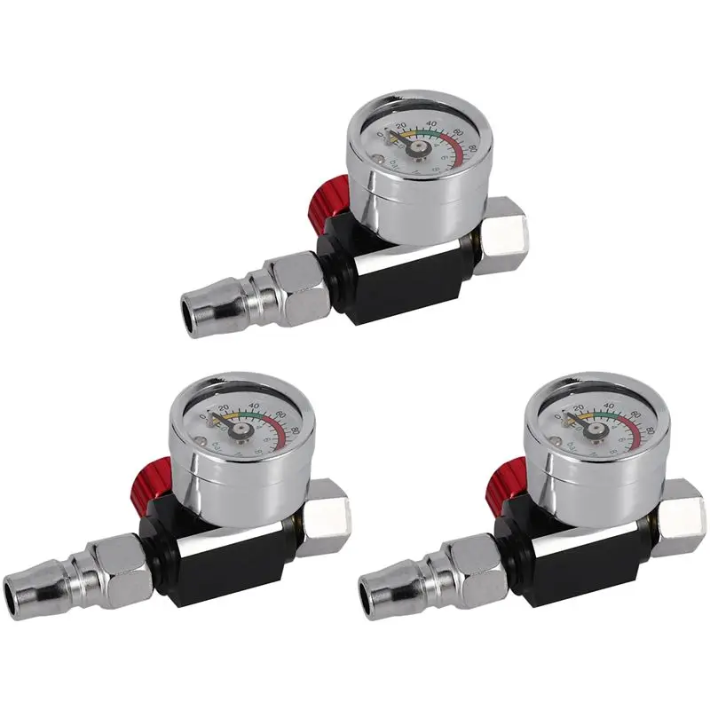 3Pc 1/4 Inch Bsp Mini Air Regulator Valve Tool Durable Small Tail Pressure Gauge 48 X 60Mm With Nozzle For Spray Tool