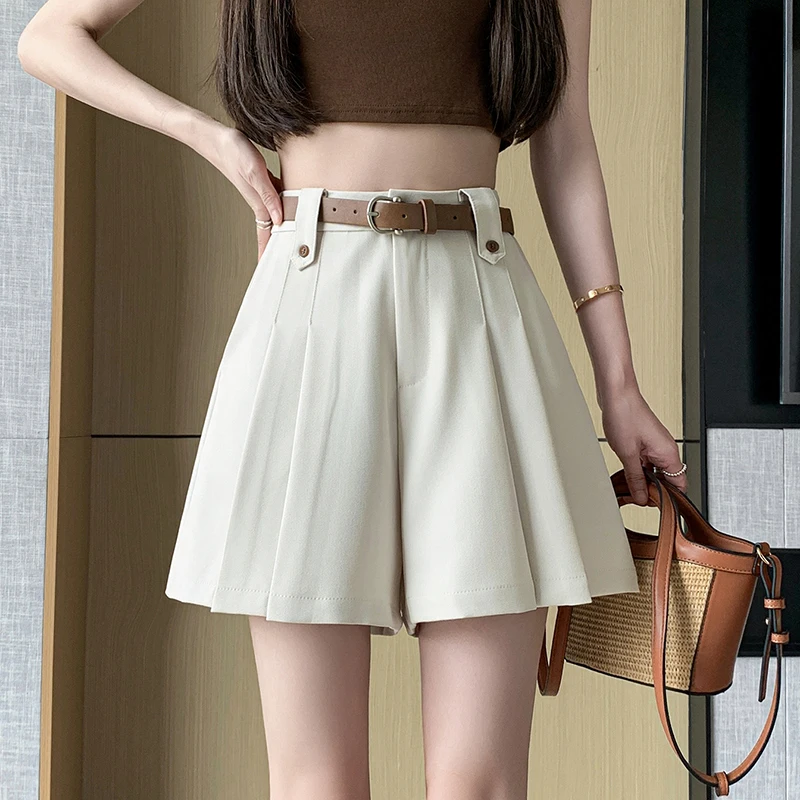 New Fashion High Waist A-line Pleated Shorts Skirts Women Summer Solid Color Wide-leg Shorts Korean Office Lady Casual Culottes