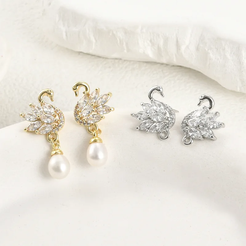 

Позолоченные 14-каратным золотом, сохраняющие цвет, изысканные циркониевые серьги-гвоздики в форме лебедя с подвесками, аксессуары для самостоятельного изготовления жемчужных серег