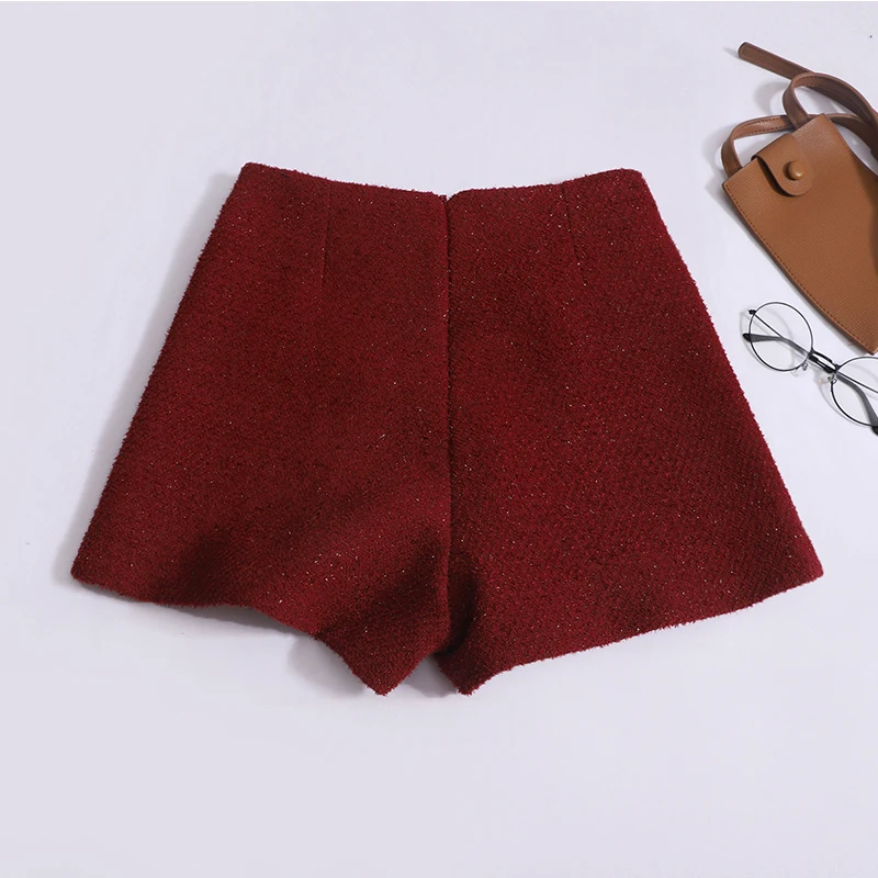 Retro Versatile Brilliant Silk Thick Tweed Shorts Women 2024 Spring New Fashion High Waist Slim Wide Leg Short Pants