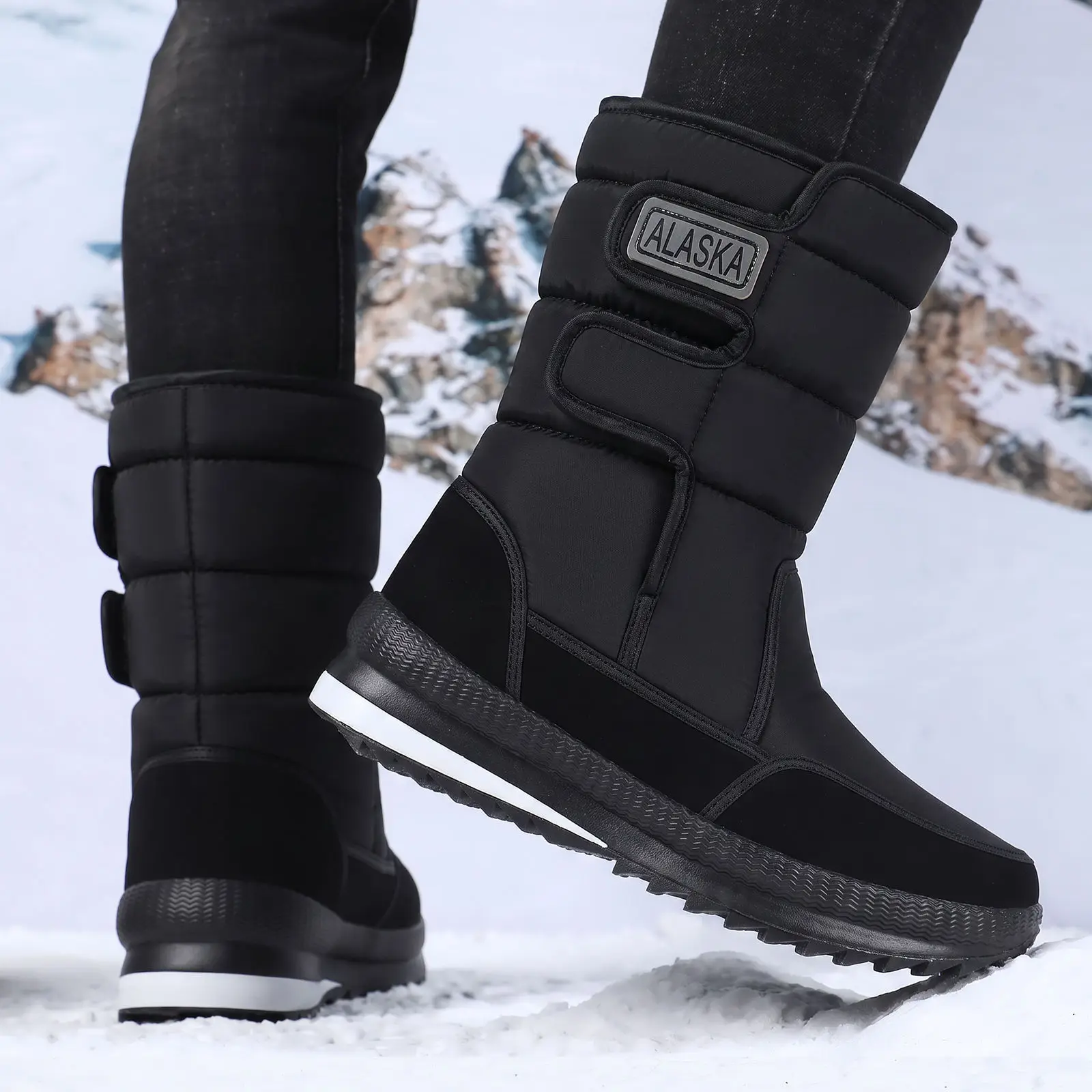 Damen-Winterstiefel, dick gefüttert mit Fleece, wasserdicht, mit Klettverschluss, mittelhohe Stiefel, rutschfest, warmes Outdoor-Schuhwerk für kaltes Wetter. – Detail 6