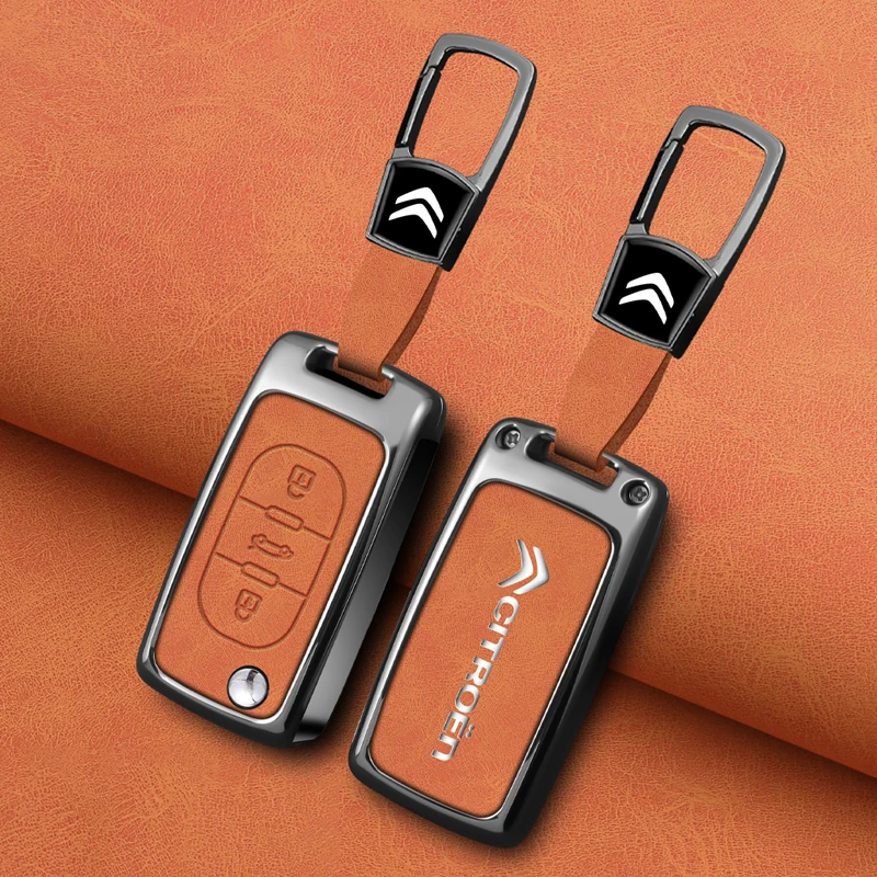 

Zinc Alloy Leather Car Flip Key Case Cover Protector Shell Fob Key For Citroen C1 C2 C3 C4 C5 XSARA PICA Auto Accessories