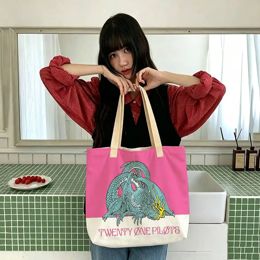 T-Twenty One Pilots Band-Aufbewahrungstaschen, Leinenmischung aus Baumwolle und Polyester, doppelseitige Schulter- und Handtasche, wiederverwendbare, umweltfreundliche Tragetasche. – Detail 7
