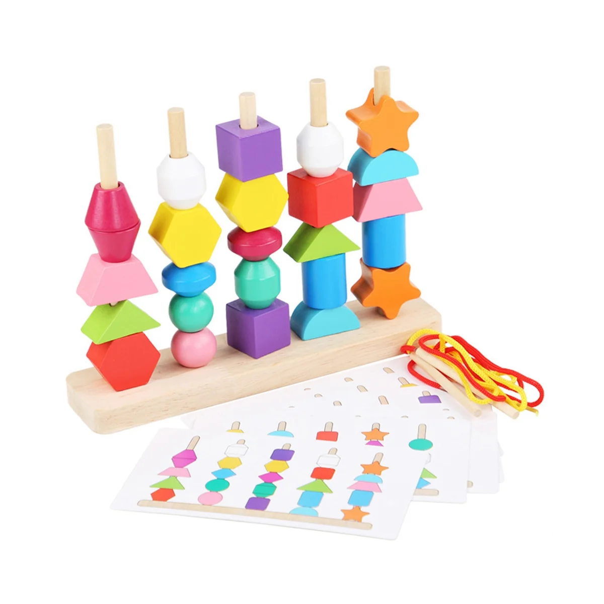 Wooden Beads Sequencing Toy Set, Stacking Blocks & Lacing Beads & Matching Shape Stacker for 2 3 4 5 Year Old