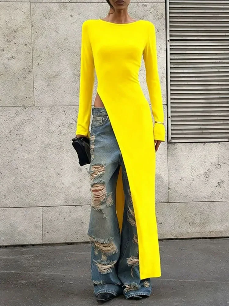 Sukienka damska z asymetrycznym dekoltem typu O, codzienna, z długim rękawem, w jednolitym kolorze, długa sukienka 2025, elegancka, z wysokim stanem, wyszczuplająca sukienka na imprezę.