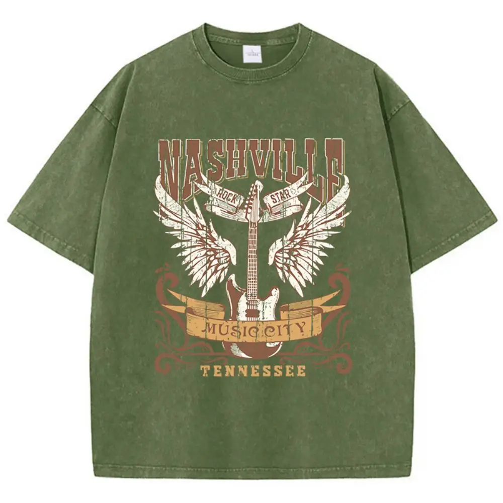 Summer Women Cotton Washed T-Shirts Nashville Music City Tennessee Print Tee Shirts Distressed O-Neck Loose Tops Female Clothes
