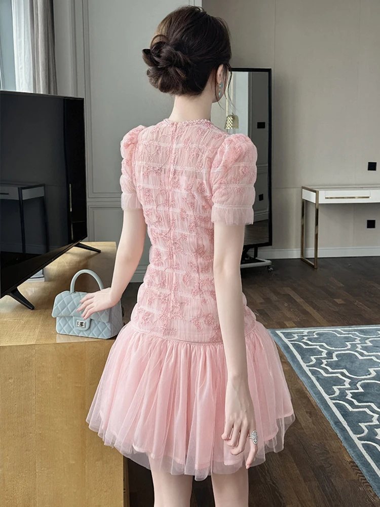 Ropa de mujer malla dulce Rosa bordado manga corta ajustado cola de pez Mini Vestido corto elegante fiesta graduación Vestidos noche verano