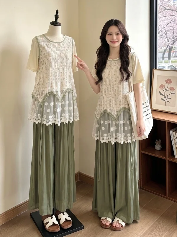 

Bohemian Large Size Women's Summer Fashion Set Green Wide Leg Pants Short Sleeve Three Piece Suite Casual Commute Style