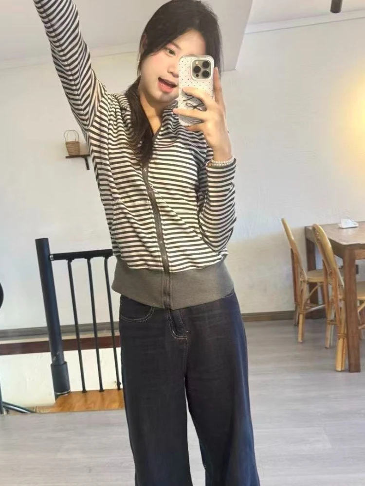 2026 Harajuku Vintage Stripe Hoodie Autumn Streetwear Grunge Zipper Hoody Y2k Aesthetic Women Casual Pocket Slim Fit Sweatshirt