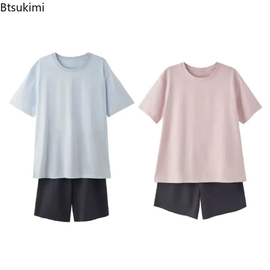 Summer Women's Pajamas Sets 100% Cotton 2PCS Pajamas for Couples Solid Color Striped Short Sleeved Shirt Ladies Homewear Suit